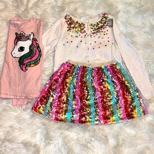 Girls sequin H&M shirt, skirt and cardigan set.